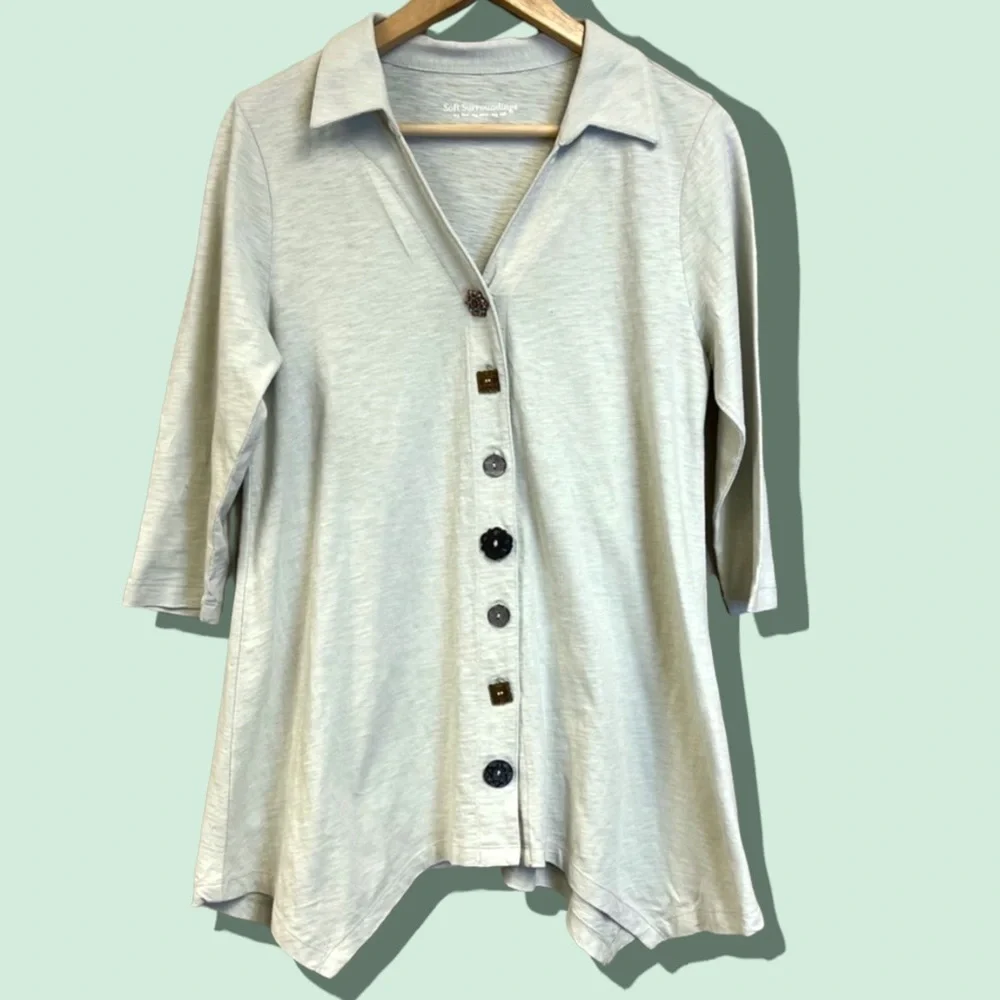 Soft surroundings Danielle button up tunic long sleeve cotton collared top small - Picture 1 of 11